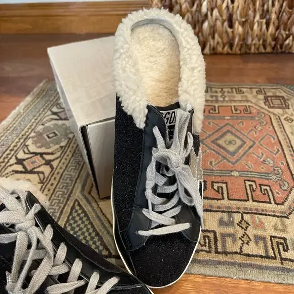 Golden Goose Sabot Shearling Lined Leather Slip On Sneakers Black White Size 10 - Picture 7 of 16